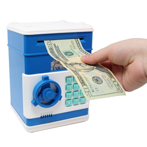 Kids Electronic Piggy Bank Safe with Password Mini ATM Bank - Electronic Money Bank with Code for Kids Gifts (Blue)