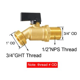 BesNPT Brass Rain Barrel Spigot Water Tank Faucet, 1/2" NPS Male Inlet to 3/4" GHT Male Outlet, Quarter Turn Bulkhead Ball Valve