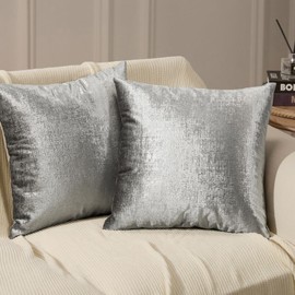 Phantoscope Pack of 2 Sparkling Velvet Decorative Solid Throw Decorative Pillow Cover Soft Silver Glitter Square Cushion Cover Pillowcase for Couch Bed and Chair, Gray, 18 x 18 inches, 45 x 45 cm