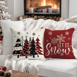 Fahrendom Merry Christmas Tree Decorative Throw Pillow Covers 18 x 18 Set of 4, Xmas Snowman Cardinal Porch Patio Outdoor Pillowcase, Let It Snow Winter Holiday Sofa Couch Cushion Case Home Decor