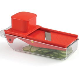 Small Mandoline Slicer – Portable Vegetable Slicer for Kitchen, Travel, On The Go – Adjustable thickness mandoline Slicer Food Cutter with Container All-in-1 Compact Vegetable Chopper– with Bowl Red