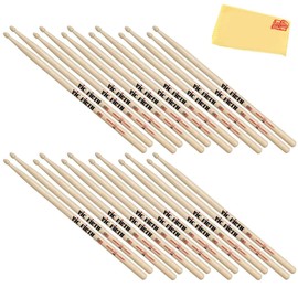 Vic Firth American Classic 5B Wood-Tipped Drumsticks - 12-Pack Bundle with Austin Bazaar Polishing Cloth