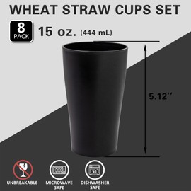 EI 8pcs Black Wheat Straw Cups,Drinking Glasses Premium Wheat Straw Unbreakable Cups,Chip Resistant Cups,Plastic Reusable Cups,Large Cups for Kitchen,Dishwasher Safe Water Glasses Tumblers