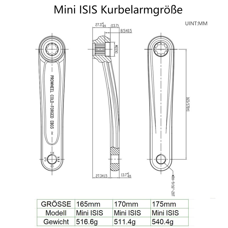 Prowheel Ebike Mini ISIS Crank Arm 165 mm/170 mm/175 mm