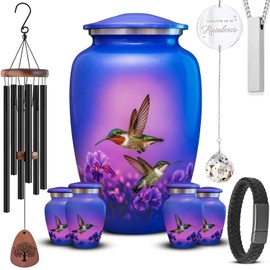 Set of 9 Funeral & Cremation Urn for Ashes Adult Male & Female with 1 Large Marble Hummingbird Decorative Urn for Human Ashes Adult Man, 4 Keepsakes, NecklaceUrn, Bracelet, Wind Chime & Suncatcher