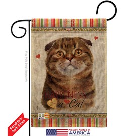 Cat Scot Fold Happiness Burlap Garden Flag Set with Stand Animals Kitten Meow Spoiled Paw Fur Pet Nature Farm Animal Creature Small Gift Yard House Banner Double-Sided Made In USA 13 X 18.5