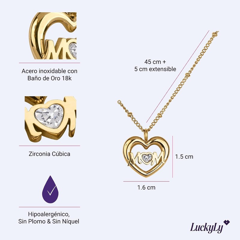 LuckyLy Collares para Mujer Mom Oro 18K Zirconia Cúbica, Regalos