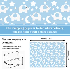 Whaline 12 Sheet Baby Shower Wrapping Paper Blue Elephants Gift Wrap Paper Folded Flat Stars Moon Elephants Art Paper for DIY Craft Party Decor Wrapping Supplies