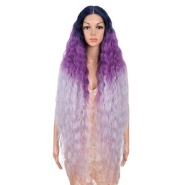 Style Icon 41" Ombre Purple Lace Front Wigs Long Wavy Synthetic Wigs with Baby Hair Half Hand Tied 130% Density Wigs (41", GTBV/PU/PU14)