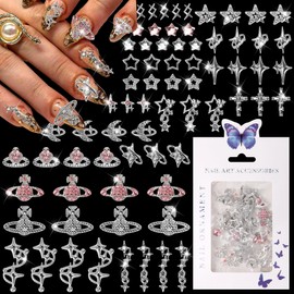 COOSLIM 60PCS Silver Nail Charms Cross Star Charms for Nails 3D Saturn Planet Nail Jewelry Pink Nail Rhinestone Gems Mixed Style Y2K Nail Decoration Manicure Design Nail Accessories 1