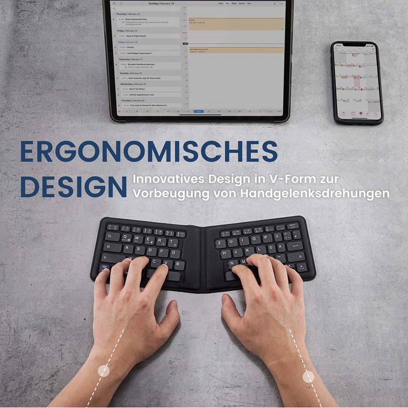 Perixx PERIBOARD-805 Ergo, Bluetooth 5.1 Faltbare ergonomische Tastatur, Ultra-dünnes tragbare