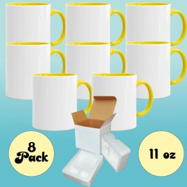 Mugsie 8 Pcs 11 oz YELLOW Inner Handle Blank Sublimation Coffee Mugs + Foam Support Box