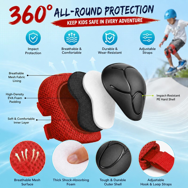 Lafefe 6PCS Red Kids Protective Gear Set Knee Elbow Wrist