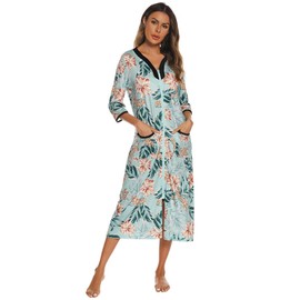 Verve Jelly Women's Zip Up Housecoat Half Sleeve Robe Full Length Nightgown Floral Print with Pockets Green M