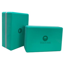 TEEYAR Truly High-Density Yoga Blocks - 2-Pack Durable Premium EVA 4 Inch(23x15x10cm, 300gx2) or 3 Inch(23x15x7.2cm, 230gx2) for Yoga/Pilates/Stretching (Tiffany+Pink Line, 23x15x10cm)