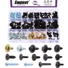 Swpeet 160Pcs 14 Sizes Metal Car Screw Body Bumper Hood Retainer Clips with Phillips Round Head Self Tapping Screw Assortment Kit, Body Bolts Fender Liner Splash Shield Bumper Cover for Most Cars
