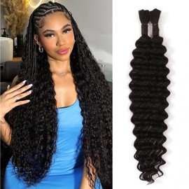 Human Braiding Hair For Knotless Braids No Weft Brazilian Curly Human Hair Extensions for Boho Braids Wet and Wavy Deep Wave Bulk Human Hair for Braiding (1B#, 20 Inch(50g/Bundle x2))