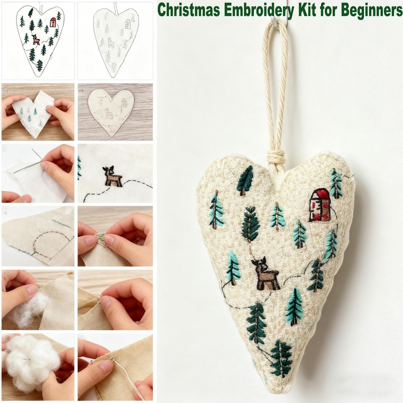 DIY Heart Shaped Hand Embroidered Christmas Ornament Kit Complete Craft