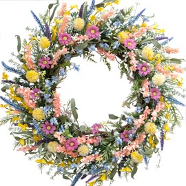 Egolot 24 Inch Spring Summer Colorful Flower Wreath for Front Door, Forsythia Lavender Wild Flowers Wreath for Home Decor, Colorful Wild Flowers with Green Leaves Wreath for Everyday