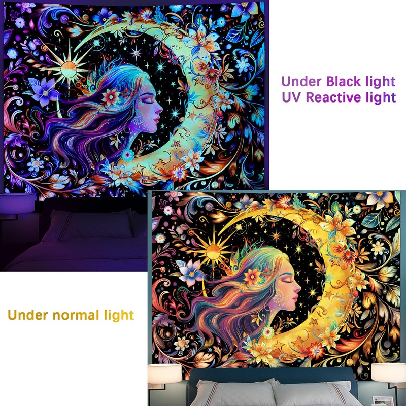 Serborlur Blacklight Sun and Moon Tapestry UV Reactive Psychedelic Floral