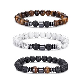Crgwxzl Mens Beaded Bracelet Tiger Eye Natural Stone Bracelet Set 8MM Stretch white Howlite Lava Rock Beads Bracelets Adjustable Black Crystal Beaded Bracelet for Men Father Brother Jewelry Gifts