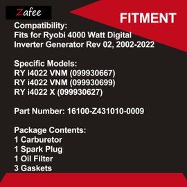 Zafee 16100-Z431010-0009 Carburetor Carb Assembly Fit for Ryobi 4000 Watt Digital Inverter Generator Rev 02 2002-2022, for RY i4022 VNM 099930667&099930699 RY i4022 X 099930627 Parts