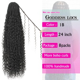 Goddess Locs Crochet Hair 24 Inch Faux Locs Crochet Pre-looped Boho Faux Locs with Curly Ends 8 Packs Long Bohemian River Locs Crochet Hair for Black Women(24Inch,1B)