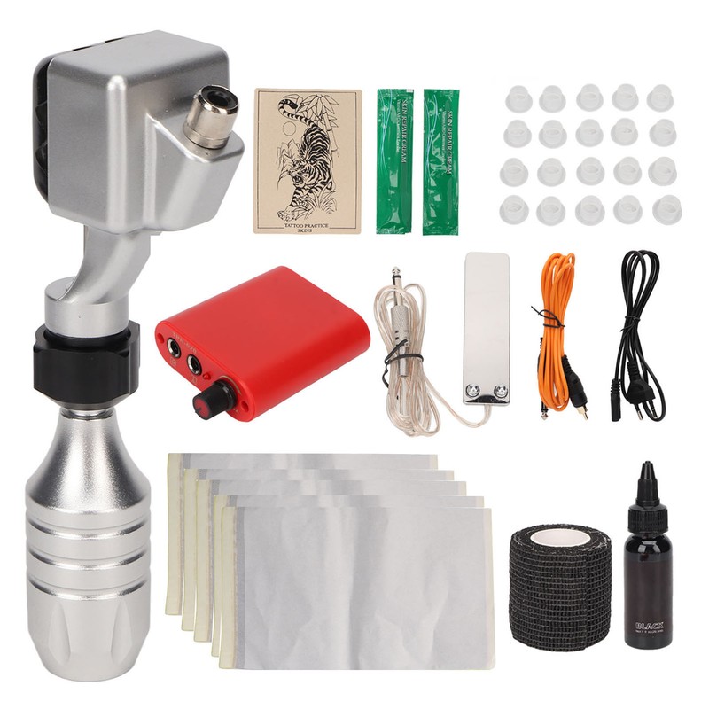 Rotary Tattoo Machine Kit Complete Professional Red Power Supply Silver