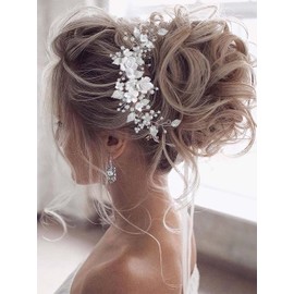 Vakkery Flower Bride Wedding Hair Vine Pearl Hair Accessories Bridal Headband Headpiece for Women and Girls (Silver)