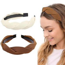 2PCS Braided Headband Wide Fabric Knotted Hairband Vintage Hair Hoops Solid Colors Hairband Fashion Non Slip Accessories for Women Girls(Beige and Brown)