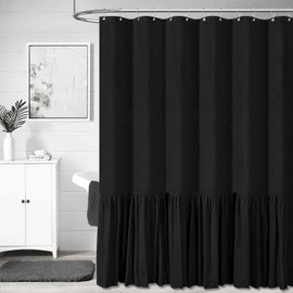 BTTN Extra Long Linen Shower Curtain - 72x96 Inch Long Shabby Chic Heavy Duty Fabric Shower Curtain Set with Ruffle Hem, Tall Farmhouse Vintage Country Cloth Shower Curtains for Bathroom - Black