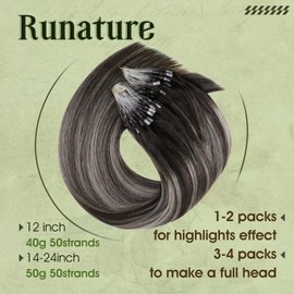 RUNATURE Microlink Hair Extensions Human Hair Ombre Black to Silver Micro Bead Hair Extensions Real Human Hair Pre Bonded Micro Beads Hair Extensions Remy Hair Cold Fusion 14 Inch 50g 50s