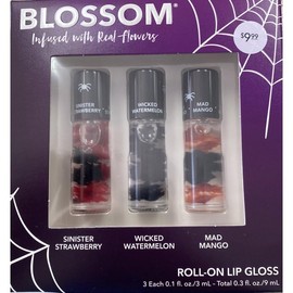 Blossom Scented Roll on Lip Gloss, Infused with Real Flowers, Made in USA, 0.3 fl. oz./9ml, 3 pack Mini Gift Set, Sinister Strawberry/Wicked Watermelon/Mad Mango