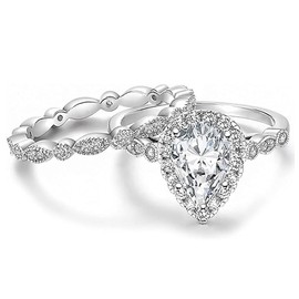 TSECIMGS Vintage Full Pavé Pair Ring with Teardrop Pear-Shaped Cubic Zirconia Wedding Set, Classic Minimalist Stackable Rings Engagement Promise Bands for Women(8)