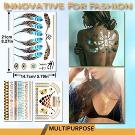 AniSqui Gold Tattoos for Women (12 Sheets Waterproof Festival Tattoos), Gold Temporary Tattoos Festival, Fake Tattoos for Girls Woman