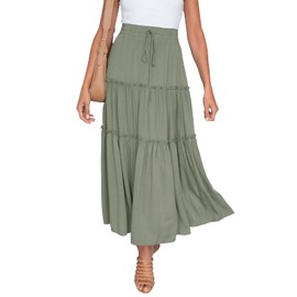 HAEOF Women's Summer Flowy Boho Maxi Skirt A Line Pleated Tiered Long Skirts with Pockets Fashion Beach Vacation Outfits(Green, M)
