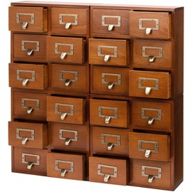 4-Pack Mahogany Wood Card Catalog Drawers for Desktop - Stackable Mini Storage Drawers for Office or Study Table - Vintage 6-Drawer Storage Cabinet for Table, Fully Assembled