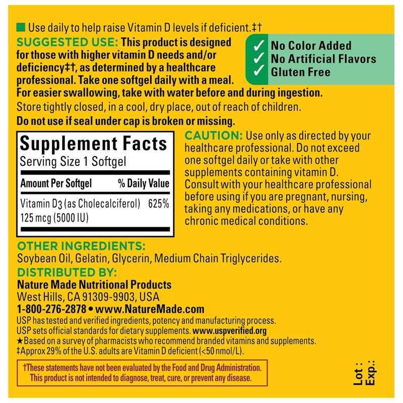 Nature Made Vitamin D3 5000 IU (125 mcg) Softgels, Extra