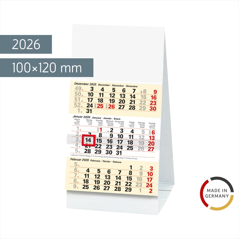 BRUNNEN 3-Month Desk Calendar 2026, 100 x 120 mm, White/Light