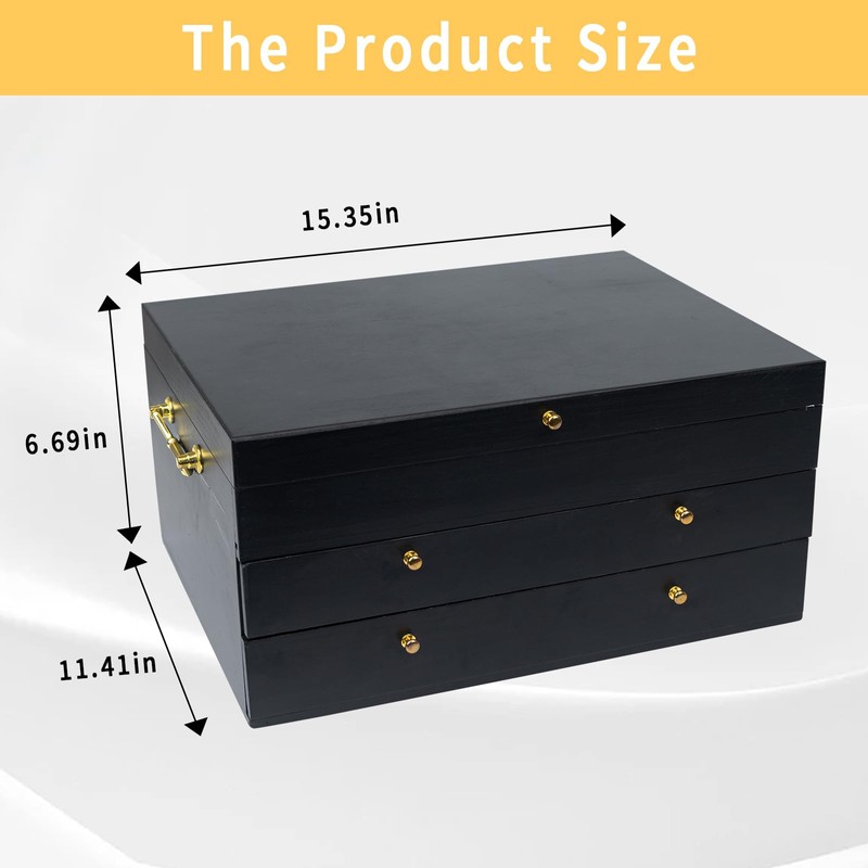 Silverware Storage Box,3 Layers Wooden Silverware Chest Case with Drawer,15.35"
