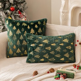 Christmas Tree Winter Decorative Throw Pillow Covers Set of 2 Packs, Pillows Covers with Christmas Tree Glitter Printed for Christmas Decor Home Bed Room Sofa Chair Couch, Green 18x18 Inch