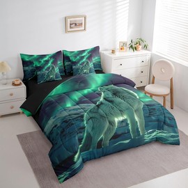 Feelyou Wolf 7 Pieces Bedding Set Queen Size, Wolves Howling Bed in A Bag for Boys Girls Wolf Life Comforter Set with Sheets Animal Wolves Bed Set 7Pcs