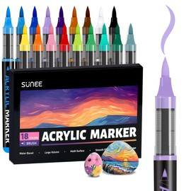 SUNEE Acrylic Paint Markers Brush Tip, 18 Colors Acrylic Markers with Automatic Ink Control System, Waterproof Acrylic Paint Pens for Painting,Wood, Canvas, Glass, Stone, Fabric and Art Supplies
