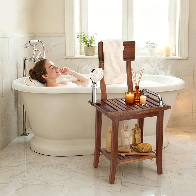 Shower Stool with Shelf and Handrails, Solid Water-Resistant Teak Shower