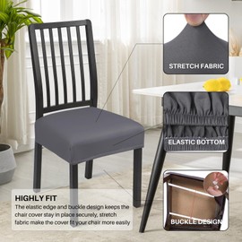 SearchI Stretch Dining Chair Seat Covers Set of 6, Soft Removable Washable Seat Covers for Dining Chairs, Dining Room Seat Cover Protector (Rear-Covered, Pure Grey)