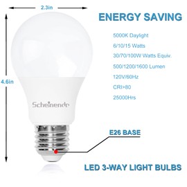 Scheinenda 3-Way Led Light Bulbs 30 70 100 Watt Equivalent Daylight 5000K, Perfect for Reading Standard A19 Indoor e 2 6 Bulb, Omni-Directional Energy Efficient 15 Watt, 1600 Lumens 2 Pack
