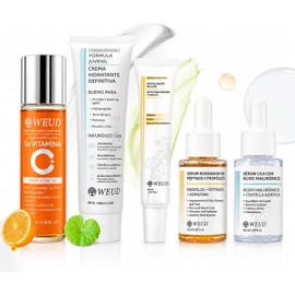 WEUD Skin Care Coreano 5 En 1 Kit, con 1 Crema Hidratante Centella + Tonico 5X Vitamina C Activa + 1 Cremas de Ojos Retinal + 1 Serum Centella + 1 Serum Péptidos Propóleo, para Todo Tipo de Piel