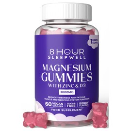 8 Hour Sleepwell Magnesium Gummies for Adults - 60 Sugar-Free & Vegan Gummies - 3000mg High Strength Supplement | Magnesium Citrate, Zinc & D3 | Provides 330mg Magnesiums for Sleep, Muscle & Bone Support | Gluten-Free