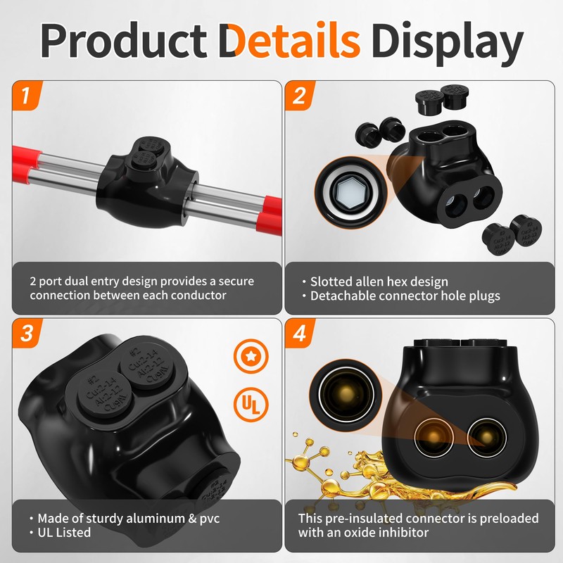 Joinfworld 2 Port Insulated  Splice Connectors 2-14 AWG Aluminum to