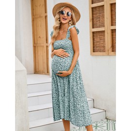 KOJOOIN Womens Maternity Dress Summer Sleeveless Smocked Square Neck Ruffle Casual Boho Midi Dress Baby Shower Photoshoot Green Floral S
